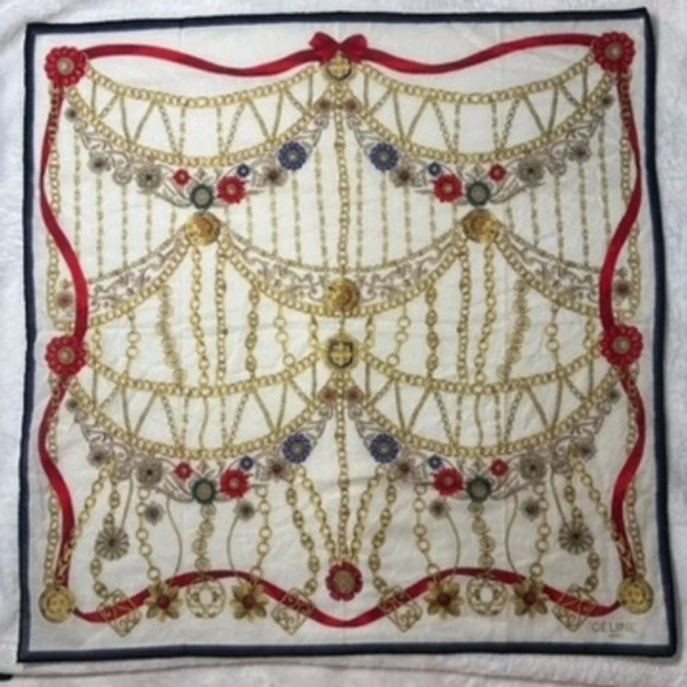 Vtg CELINE Scarf Handkerchief Chain Floral Silk White 20